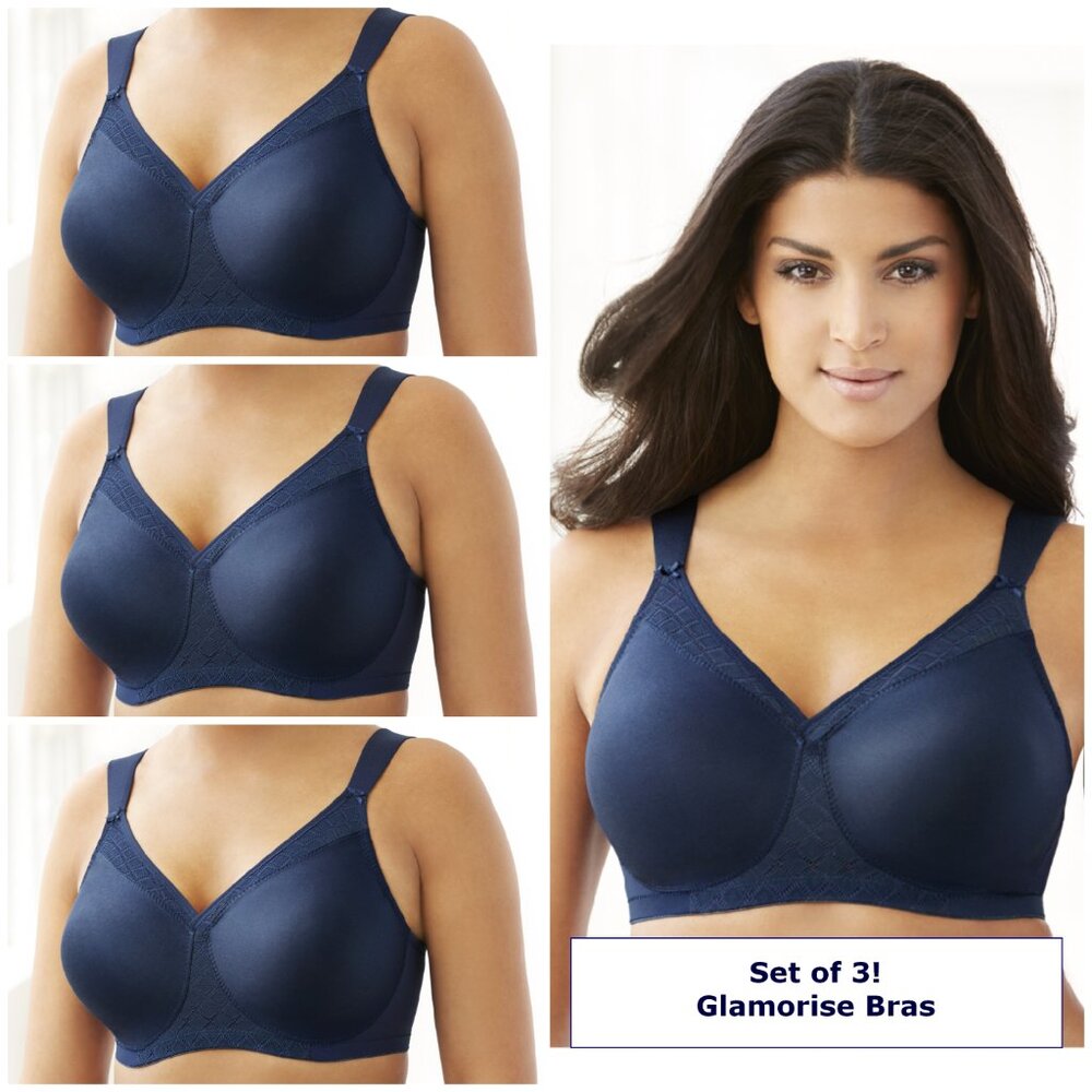 Set of 3! 36C Glamorise SOFT SHOULDERS Bra (T-SHIRT) Wicking SEAMLESS BLUE NEW